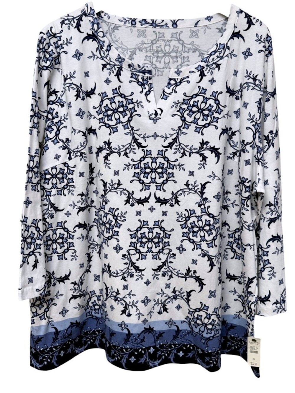 NWT Talbots T-shirt Top Plus Size 3X Blue White Scroll Border 3/4 Sleeve Tee